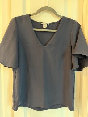 H&M Slate Blue V-Neck Flutter Sleeve Blouse